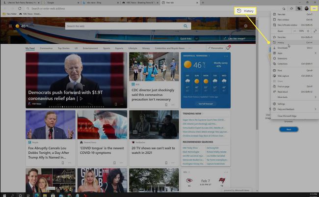 Historia-valikkokohta Microsoft Edgen päävalikossa.