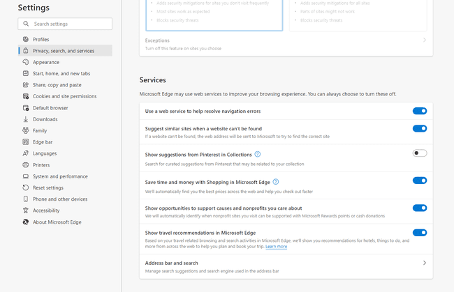 Edgen tietosuoja-, haku- ja palveluasetukset