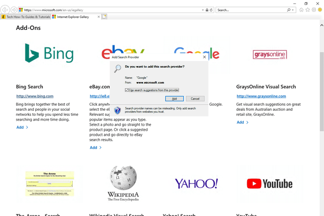 Ponnahdusikkuna Lisää hakukone Internet Explorerissa