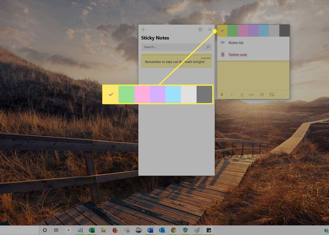 värivaihtoehdot Sticky Notes -valikossa