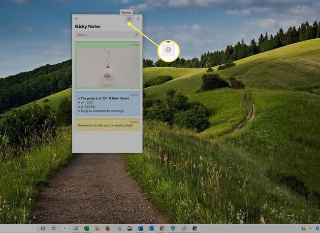 Asetukset-kuvake Sticky Notes -sovellusikkunassa