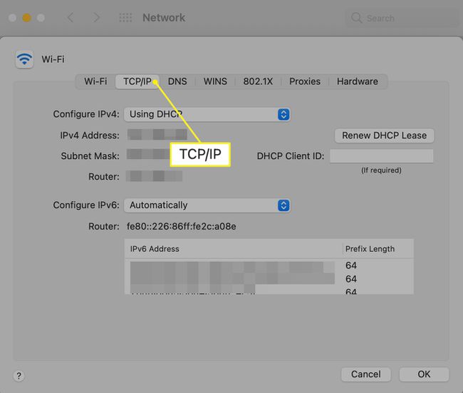 Macin verkkoasetusten TCP/IP-välilehti