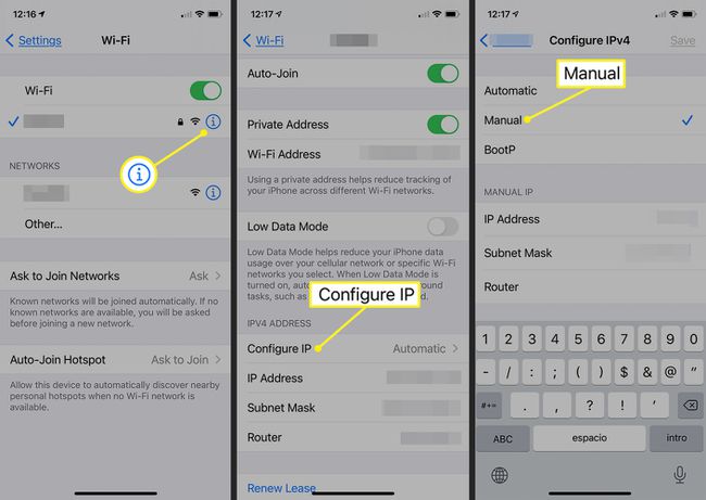 iOS-näytöt Configure IP -painikkeella ja manuaalisilla asetuksilla