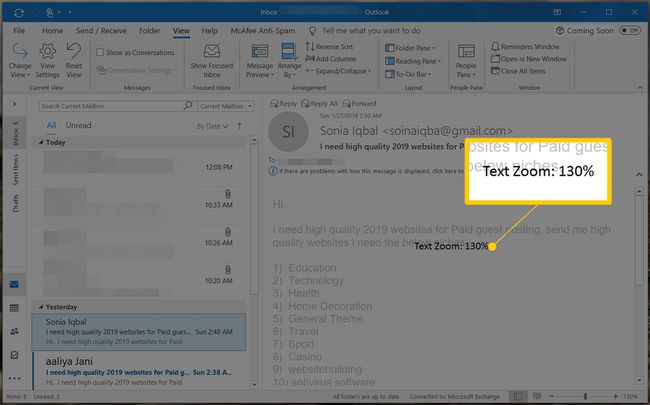 Tekstin zoomaus: 130 % viesti Outlookissa