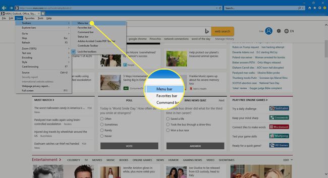 Näytä valikkopalkin komento Internet Explorerissa