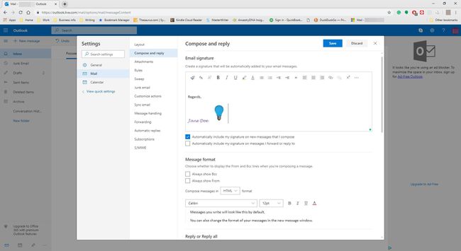 Lisää tekstiä ja kuvia sähköpostin allekirjoitukseen Outlook.comissa.