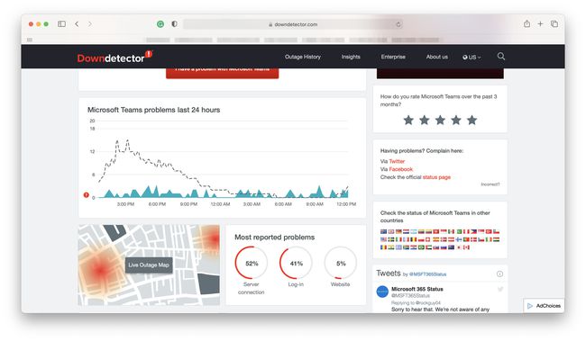 Microsoft Teams -palvelun tila Down Detectorissa