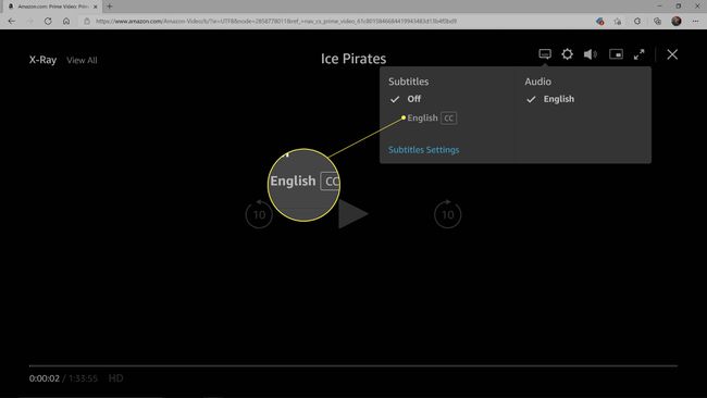 Englanti [CC] korostettuna Amazon Prime Videon tekstitysasetuksissa.