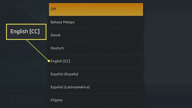 Englanti [CC] korostettu Amazon Prime Video -sovelluksen tekstitysasetuksissa.