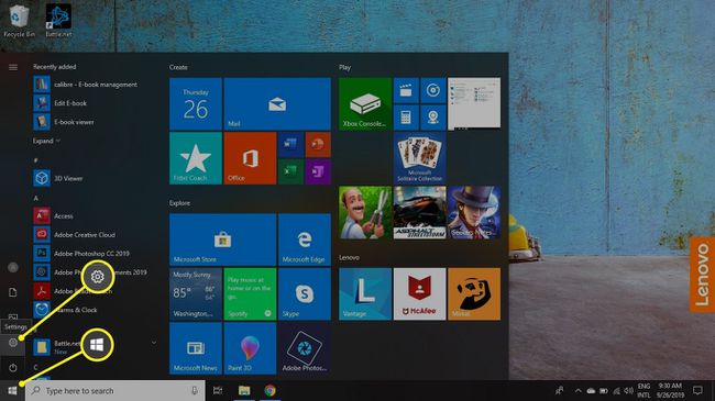 -kuvake ja Asetukset-kuvake korostettuna Windowsissa.