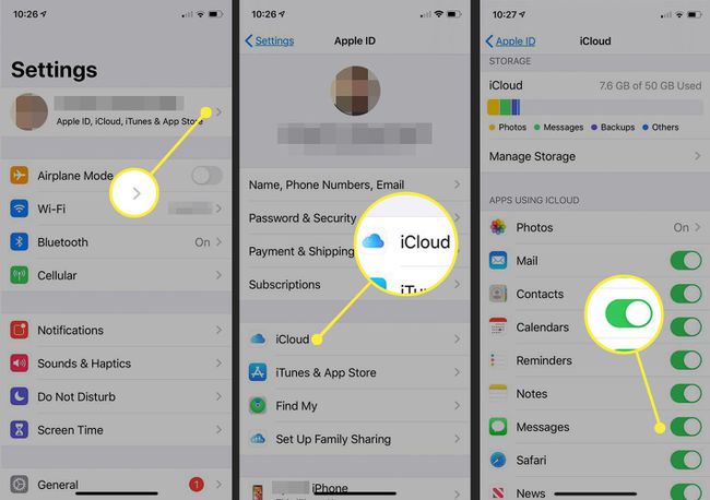 iCloud-asetukset iPhonessa, kun Viestit ovat käytössä