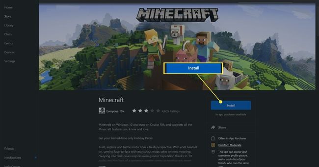 Asennuspainike Oculus Minecraft -sovelluksessa.
