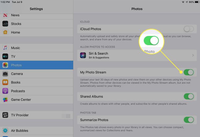 Kuvakaappaus iPad Photos -asetuksista, jossa My Photo Stream -kohdan vieressä oleva kytkin on korostettuna