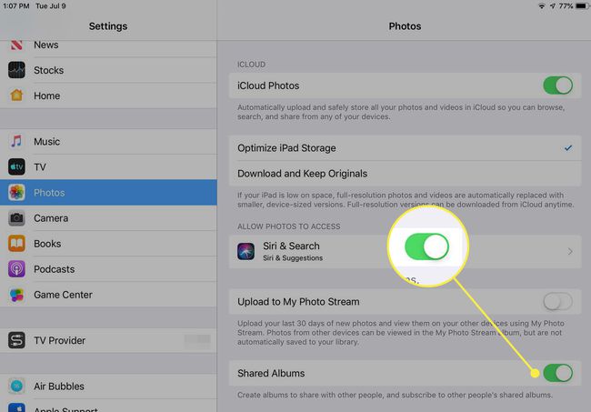 Kuvakaappaus iPadin valokuva-asetuksista, jossa Jaetut albumit -kohdan vieressä oleva kytkin on korostettuna