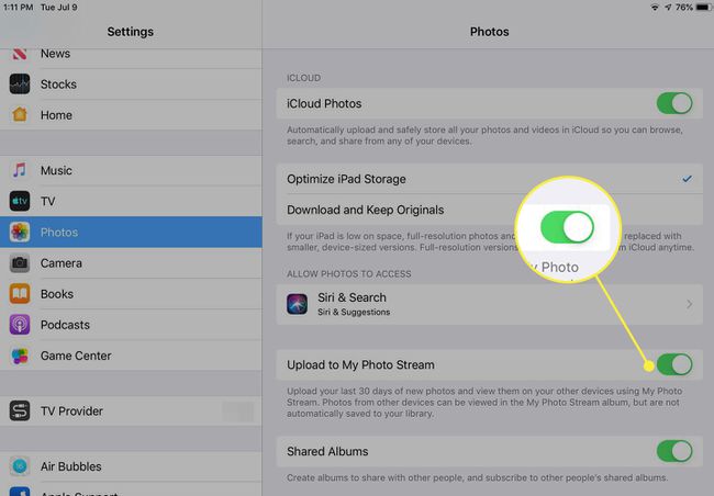 Kuvakaappaus iPadin valokuva-asetuksista
