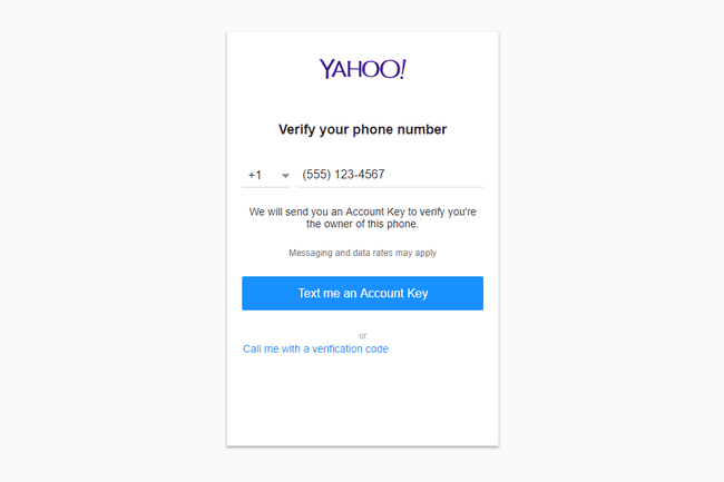 Kuvakaappaus Yahoo Mail -kirjautumisnäytön puhelimen vahvistusvaiheesta