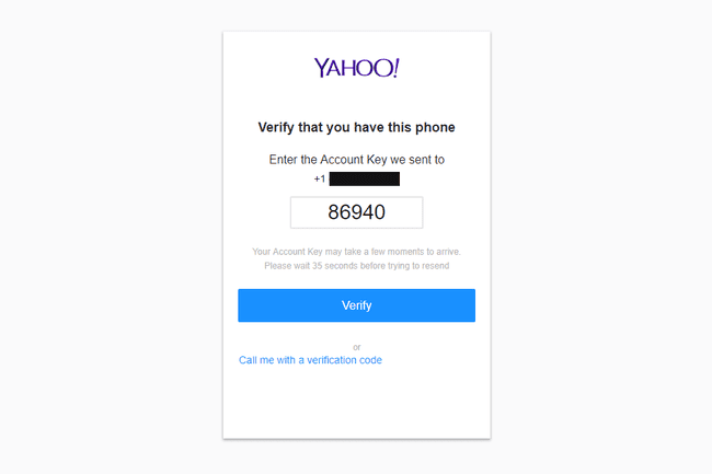 Kuvakaappaus Yahoo Mail -kirjautumisnäytön tilin näppäinvaiheesta