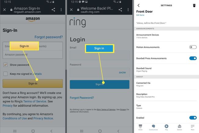 Amazon- ja Ring-kirjautumisnäytöt ja soittoasetukset Alexa-sovelluksessa.