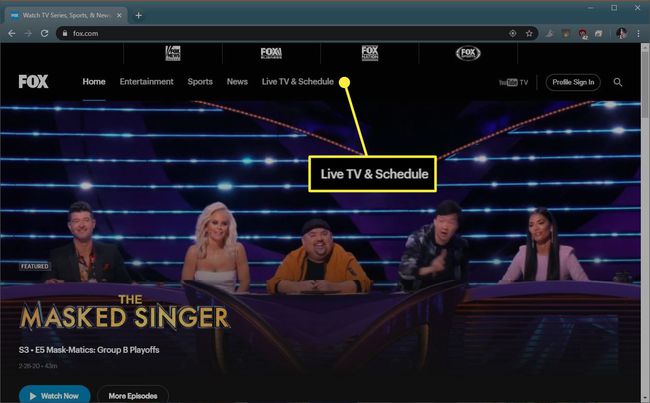 Live-TV & Aikataulu -painike Fox.comissa