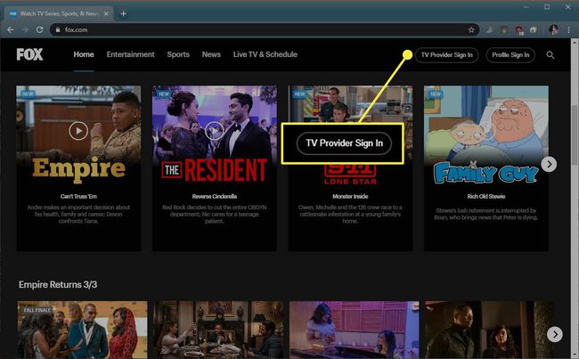 TV-palveluntarjoajan rekisteröitymispainike Fox.comissa