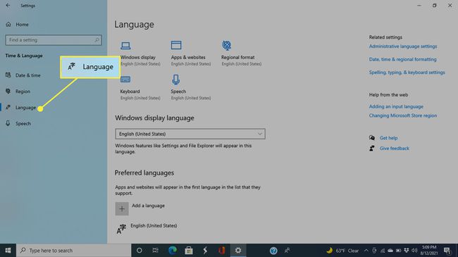 Kieli-otsikko Windows 10:ssä "Aika & Kieli" asetukset