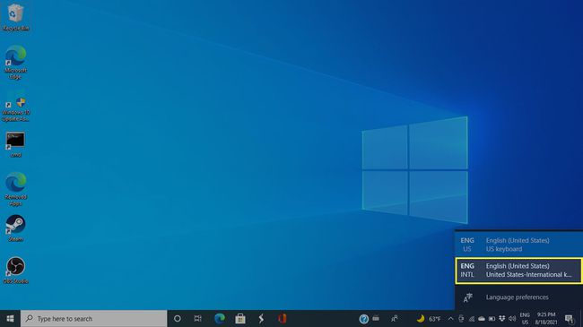 USA - Kansainvälinen näppäimistö Windows 10:n valikossa