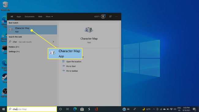 Character Map -sovellus Windows 10 -hakutuloksissa