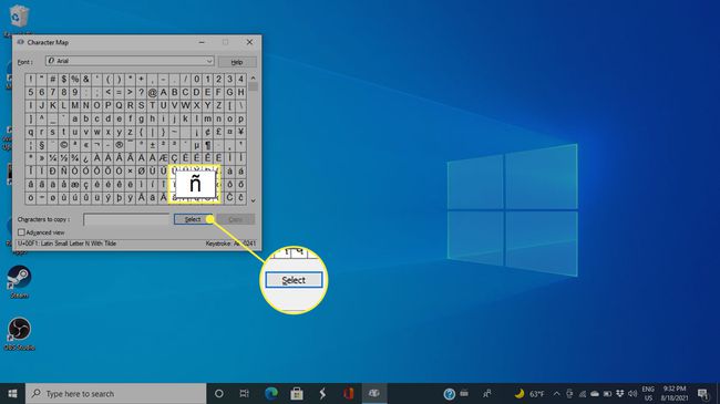 Kohde Windows 10:n merkkikartassa ja Valitse-painikkeessa