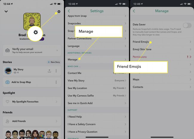Snapchat-sovellus, jossa on Asetukset-kuvake, "Hallinnoi" ja "Ystävän emoji".