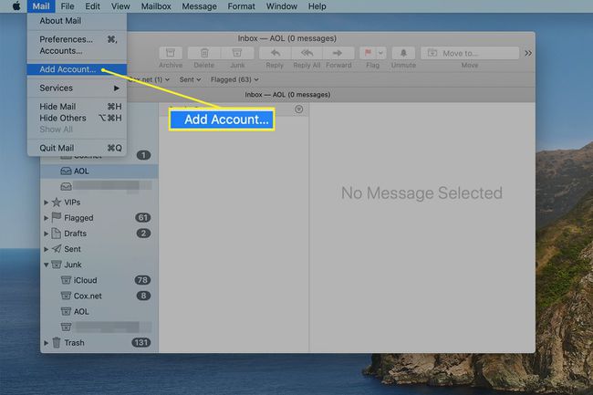 Lisää tili -valinta Macin työkalupalkin Mailista