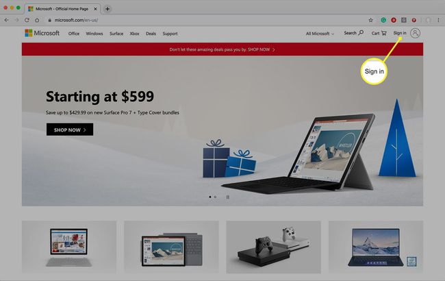 Microsoft.com-sivusto verkkoselaimessa kirjautumalla korostettuna