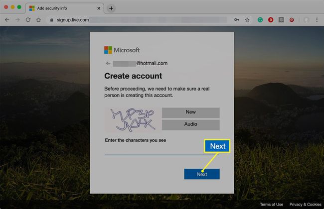 Luo Microsoft-tili -näyttö CAPTCHA-koodilla