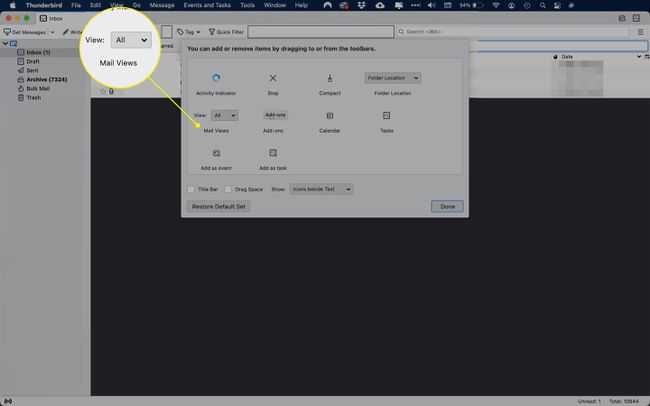 Sähköpostinäkymät -kuvake Thunderbirdin mukautetuissa työkaluriveissä