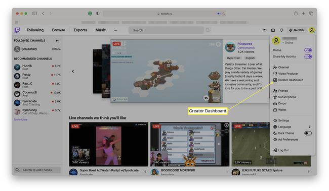 Twitch-etusivu, jossa Creator Dashboard on korostettuna