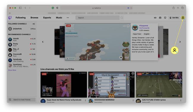 Twitch-kotisivu profiilikuvakkeella korostettuna