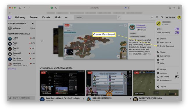 Twitch-hallintapaneeli, jossa Creator Dashboard on korostettuna