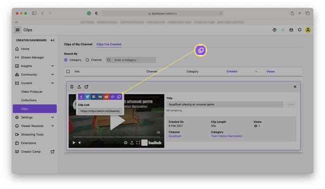 Twitch leikkeet ja kopioi leikepöydälle -kuvake, joka on merkitty jakamislinkkiin