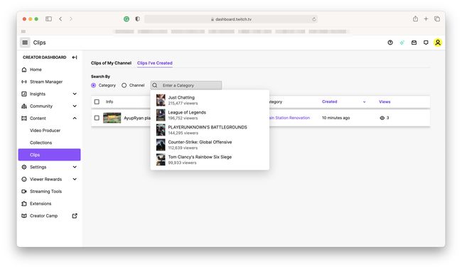 Twitch Clips Kirjoita kategorian hakukenttä