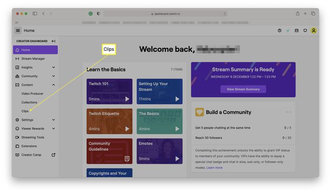 Twitch Clips -vaihtoehto korostettuna Creator Dashboardissa