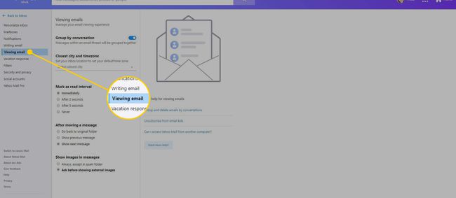 Yahoo Mail -asetukset ja Näytä sähköposti -otsikko korostettuna