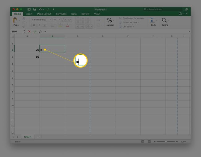 Excel-laskentataulukon solussa B2 oleva yhtäsuuruusmerkki