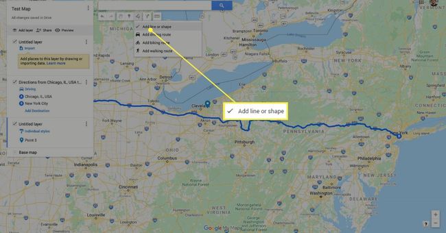 Valitse "Lisää viiva" Google My Mapsissa.