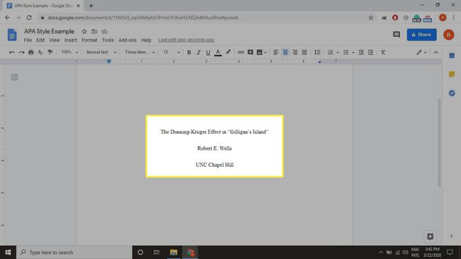 APA-otsikkosivu Google Docsissa