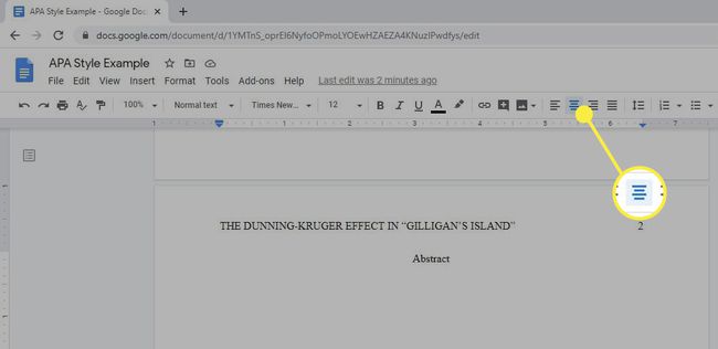 Keskitä tasaus -vaihtoehto Google Doc -työkalupalkissa.