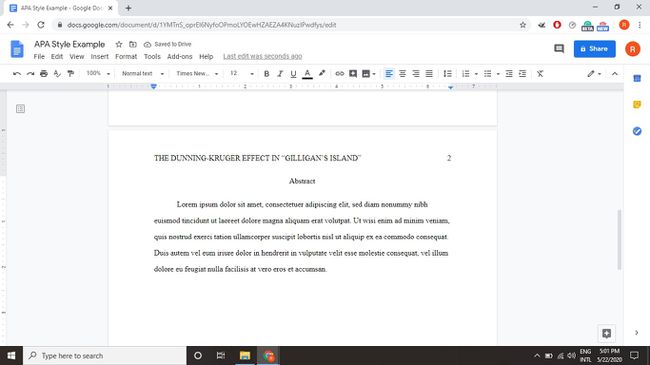 APA-tyylinen abstrakti sivu Google-dokumenteissa