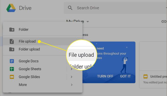 Google Drive näyttää vaihtoehtovalikon.