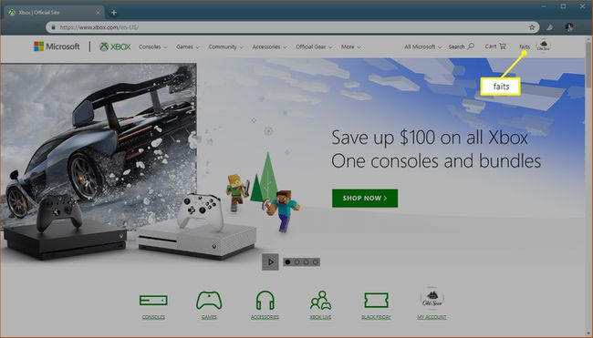 Xbox.com, jossa gamertag oikeassa yläkulmassa