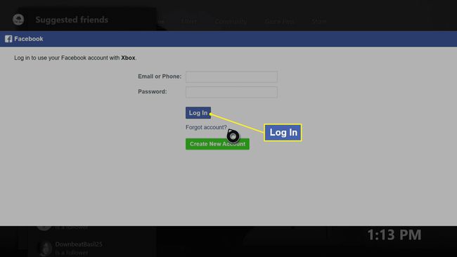 Facebookin kirjautumisnäyttö Xbox Onessa