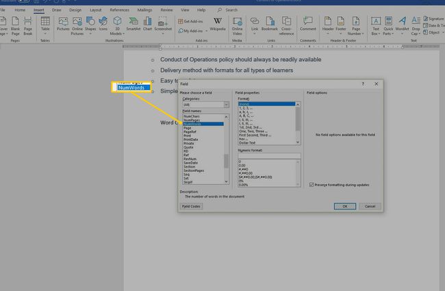 NumWords kenttään Wordissa
