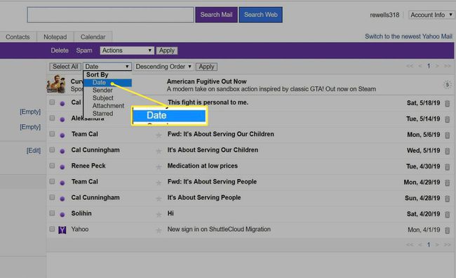 Lajitteluperuste: Päivämäärä-valikko Yahoo Mailissa
